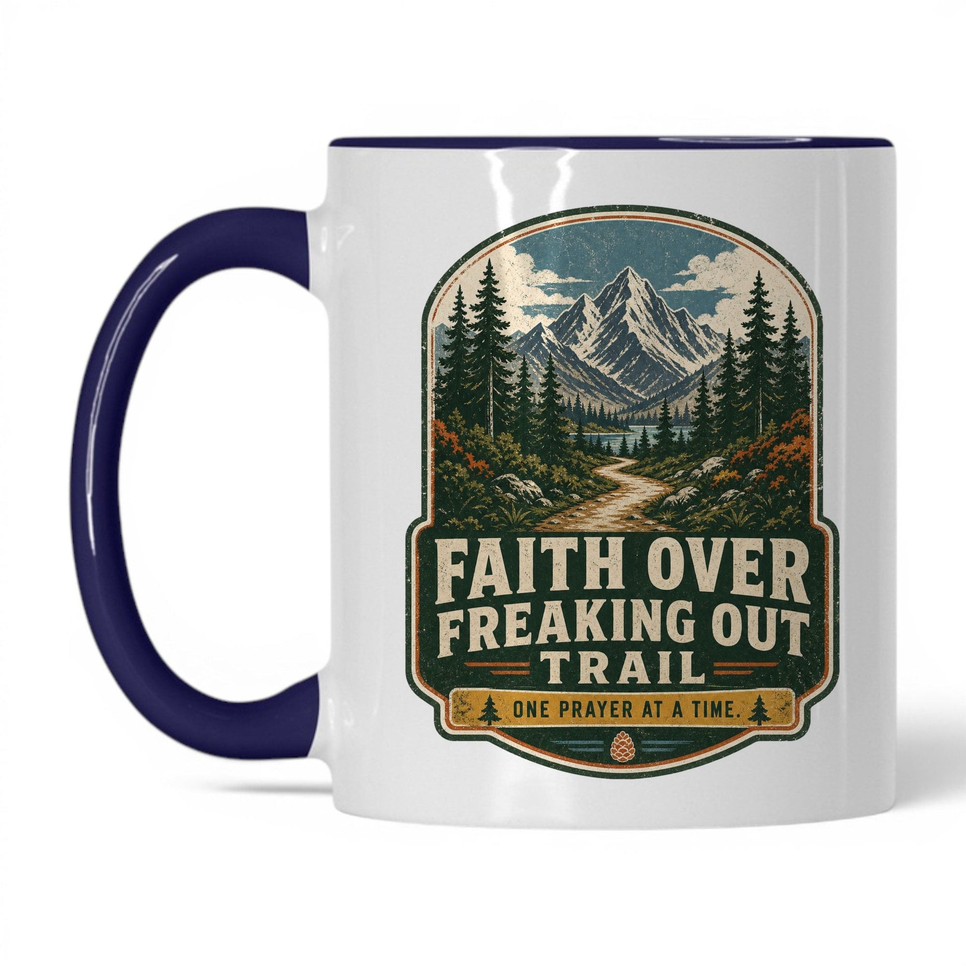 Faith Over Freaking Out Trail Mug – 11oz White/Midnight Blue Mug