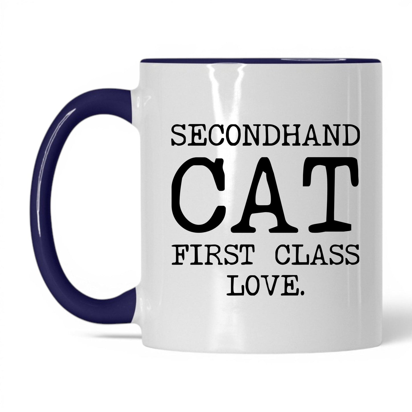 Secondhand Cat First Class Love 11oz white and midnight blue coffee mug