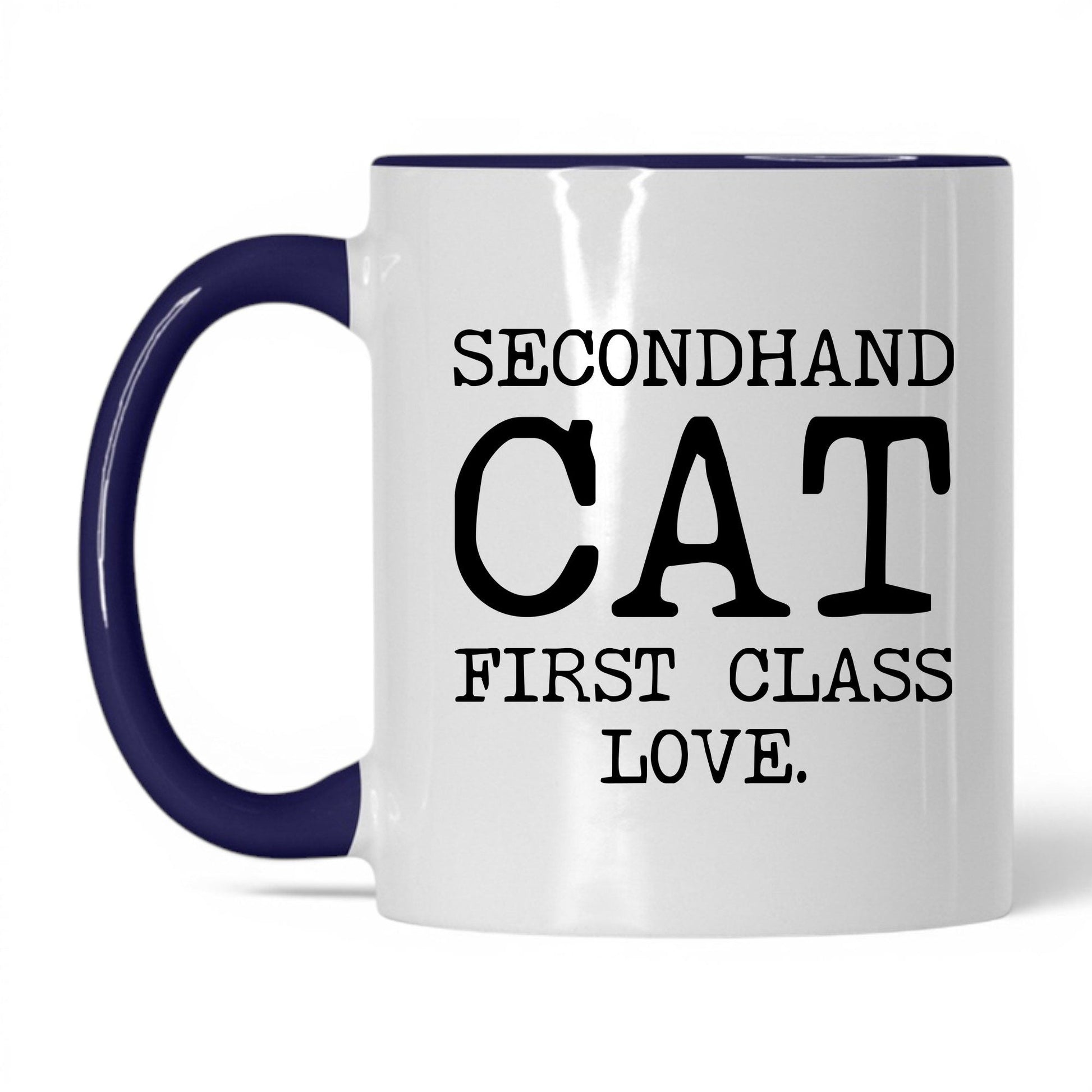 Secondhand Cat First Class Love 11oz white and midnight blue coffee mug