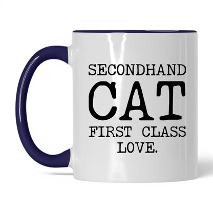 Secondhand Cat First Class Love 11oz white and midnight blue coffee mug