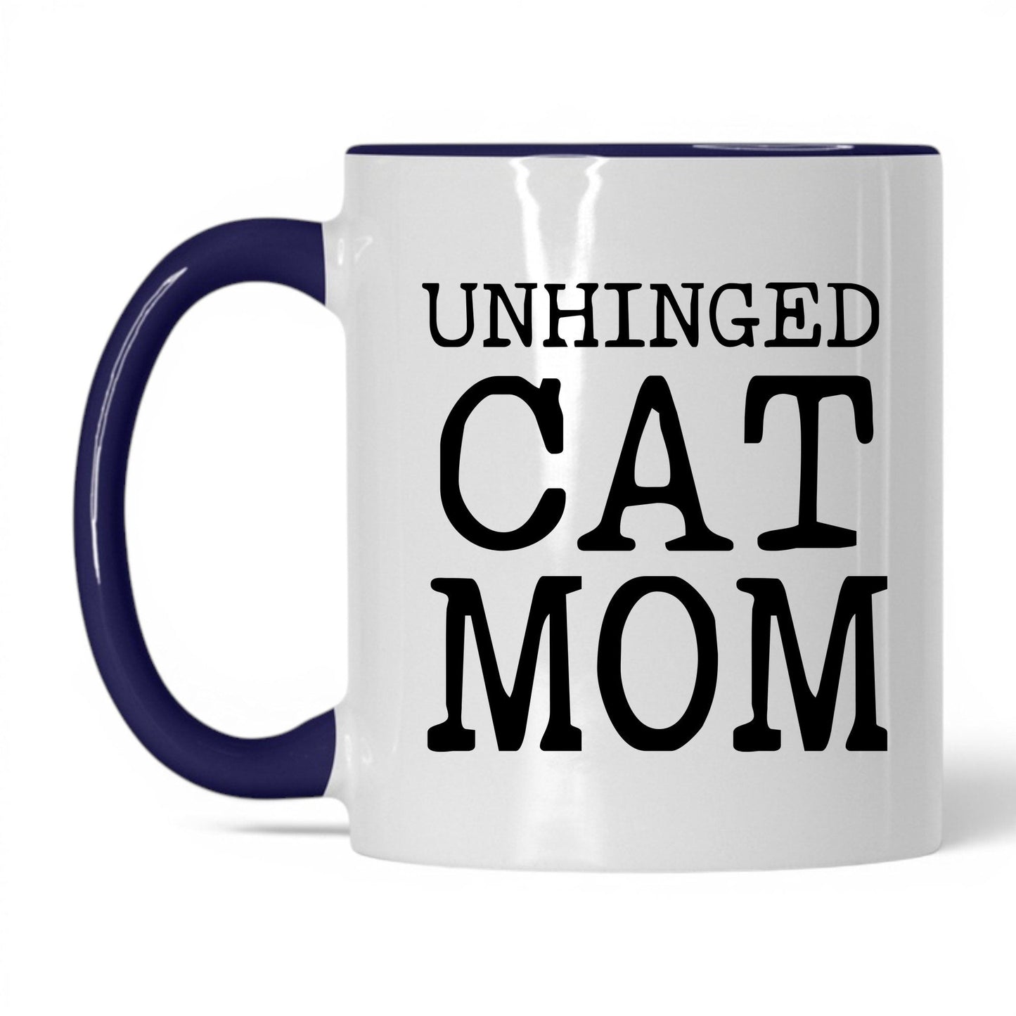 Unhinged Cat Mom 11oz white and midnight blue coffee mug