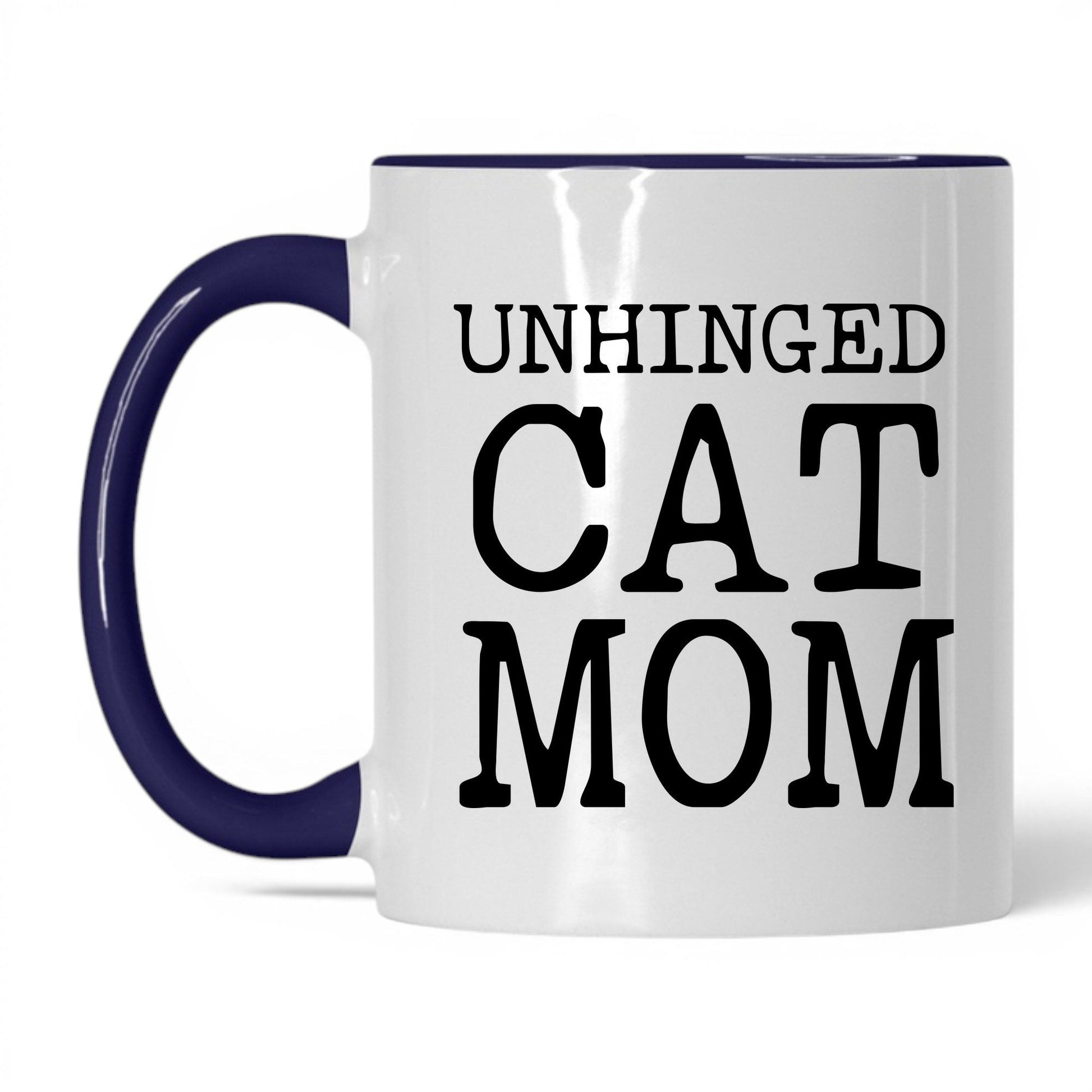 Unhinged Cat Mom 11oz white and midnight blue coffee mug