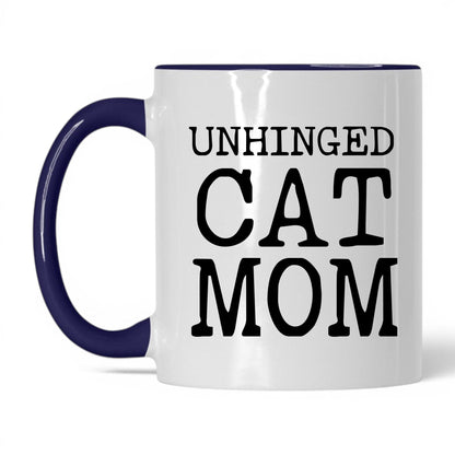 Unhinged Cat Mom 11oz white and midnight blue coffee mug