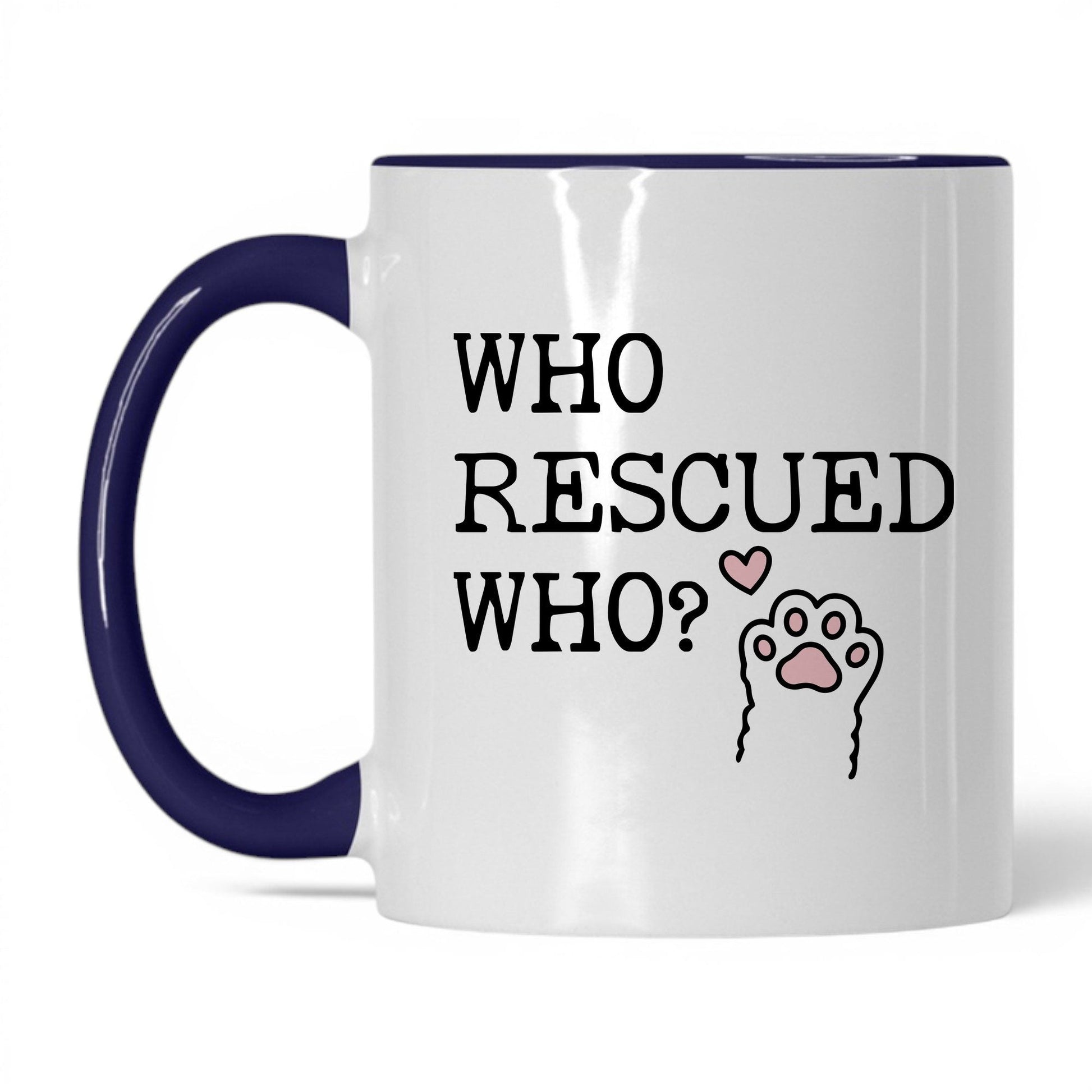 Who Rescued Who 11oz white and midnight blue coffee mug
