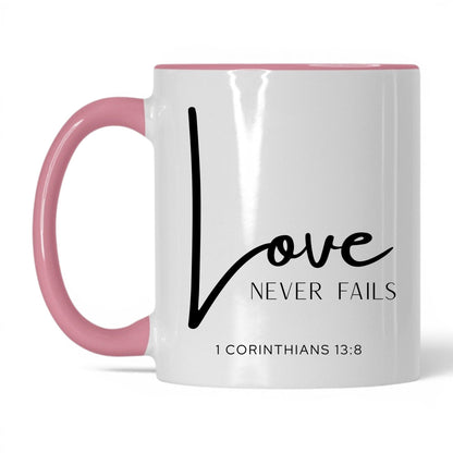 Love Never Fails Mug – 11oz White/Midnight Blue Mug