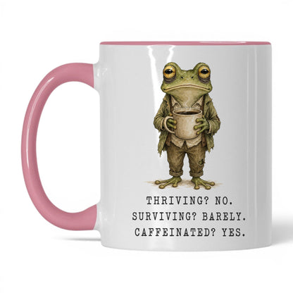 Surviving and Caffeinated Frog Mug – 11oz White Pink Mug
