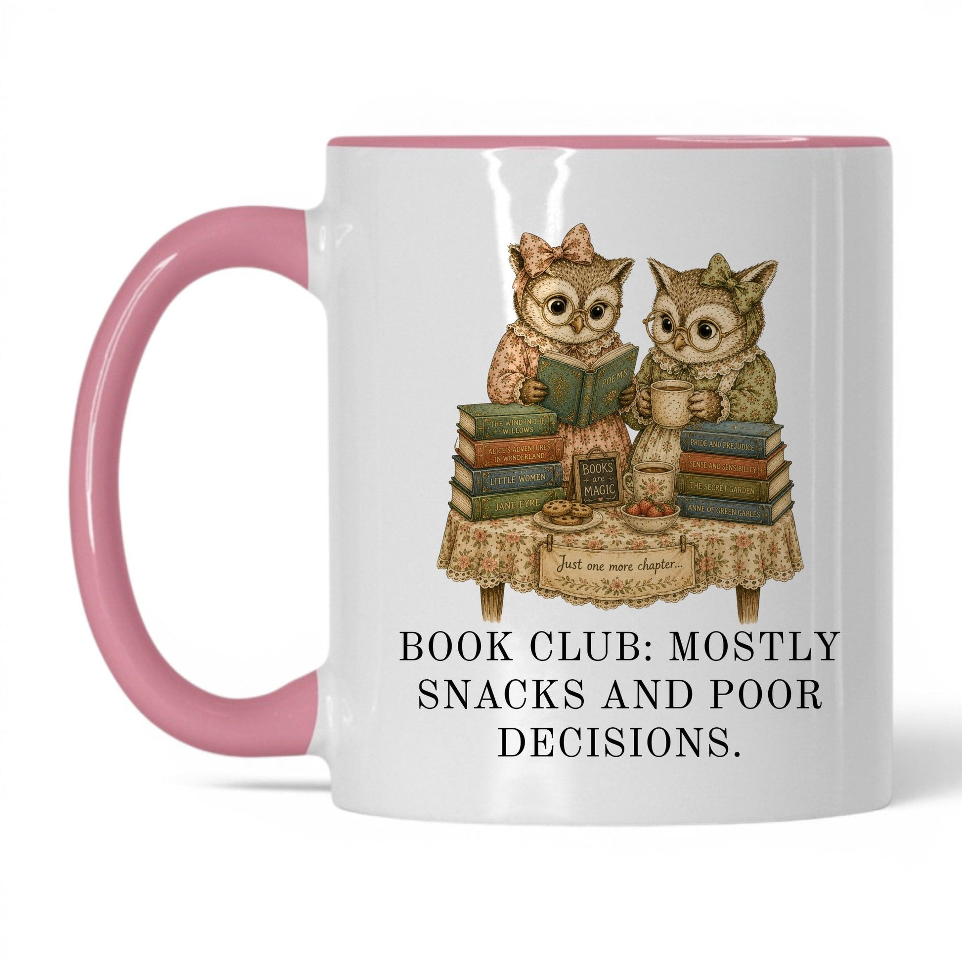Book Club Snacks And Poor Decisions Mug – 11oz White/Pink Mug