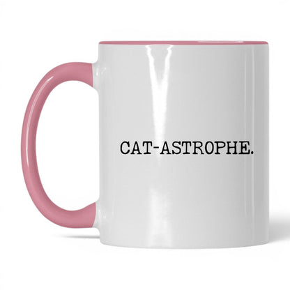 Cat-astrophe 11oz white and pink coffee mug