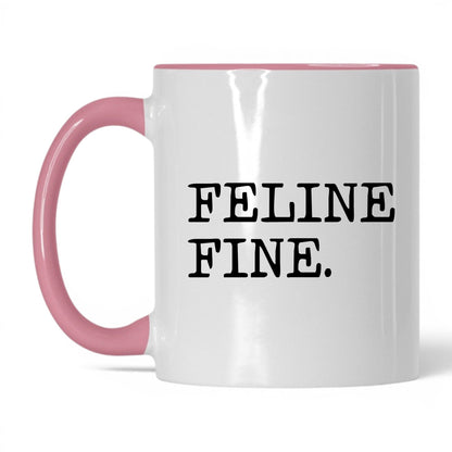 Feline Fine 11oz white and pink coffee mug