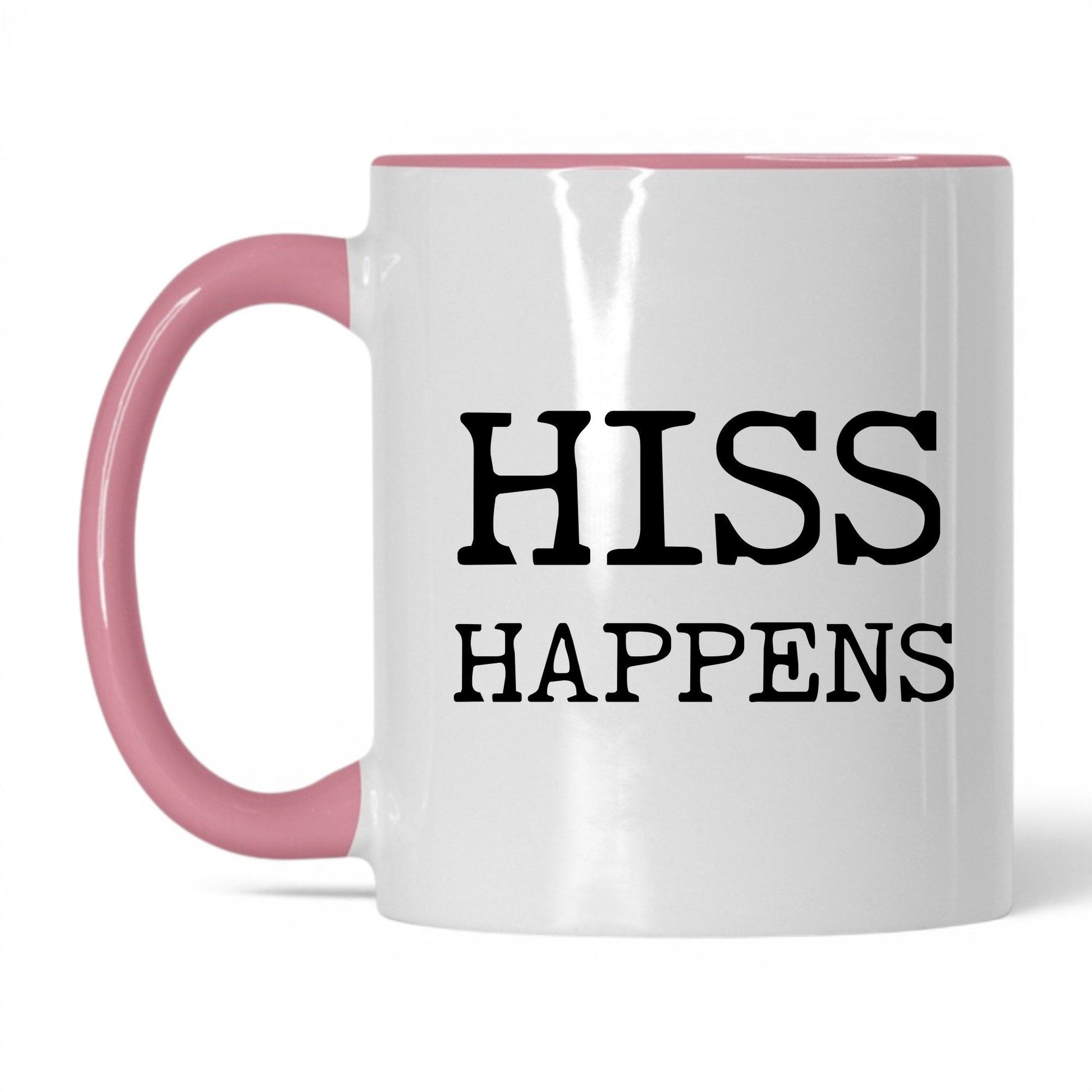 Hiss Happens 11oz white and pink coffee mug