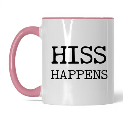 Hiss Happens 11oz white and pink coffee mug