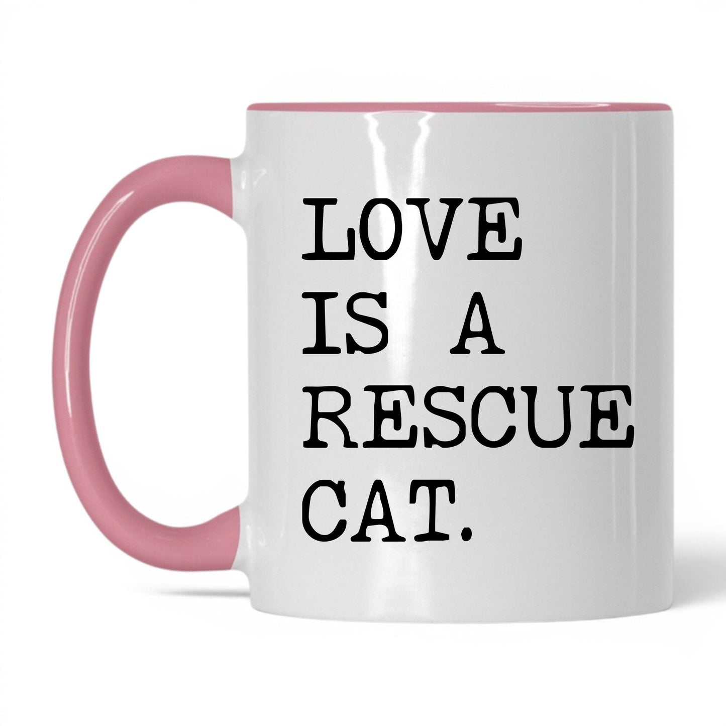 Love Is a Rescue Cat 11oz white and pink coffee mug