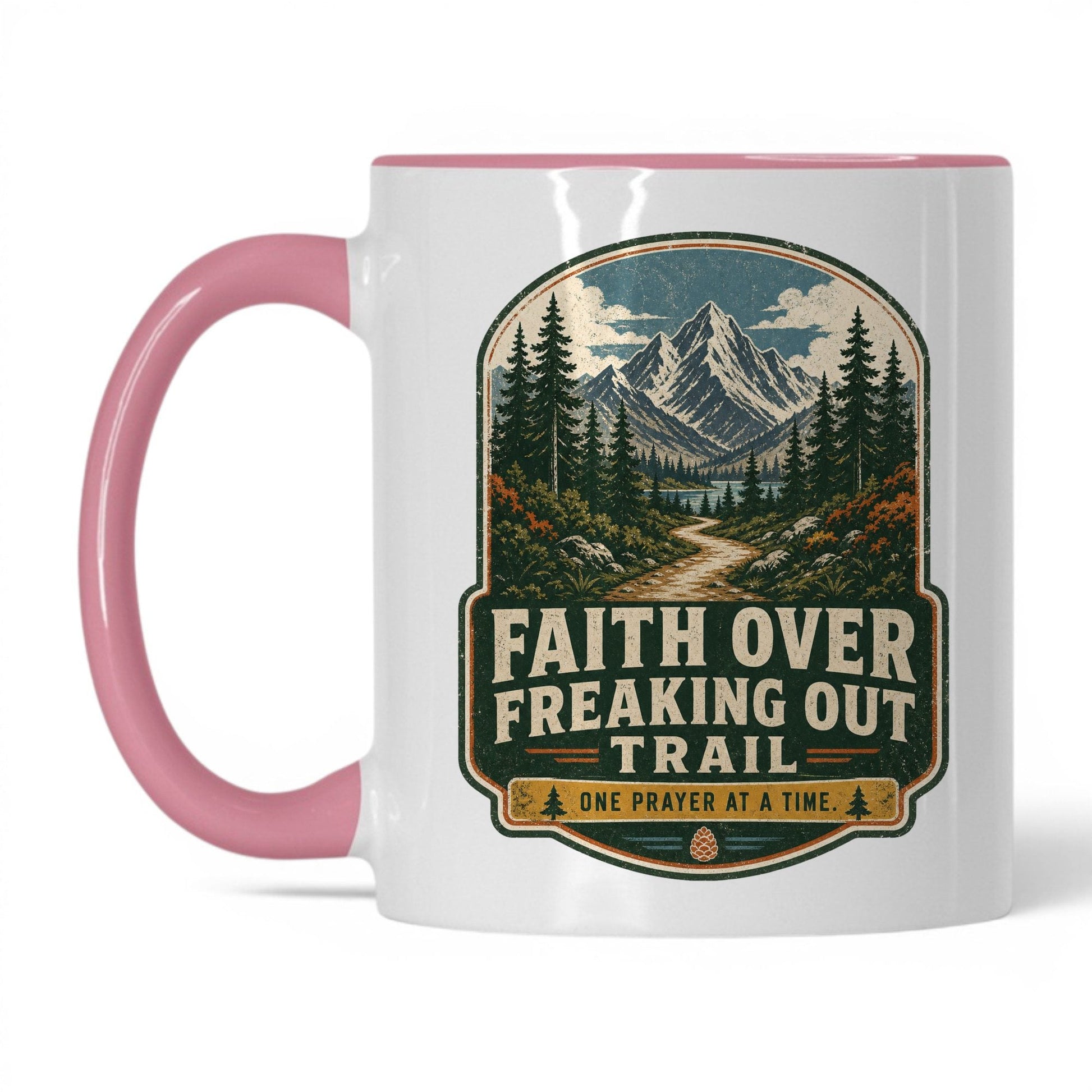 Faith Over Freaking Out Trail Mug – 11oz White/Pink Mug