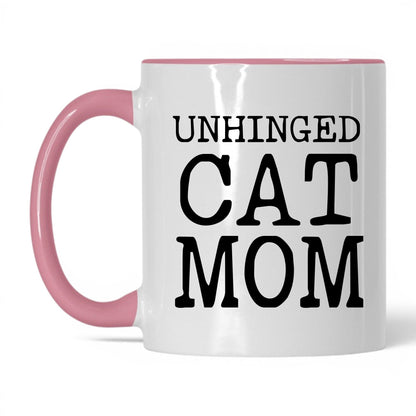 Unhinged Cat Mom 11oz white and pink coffee mug