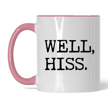 Well Hiss 11oz white and pink coffee mug