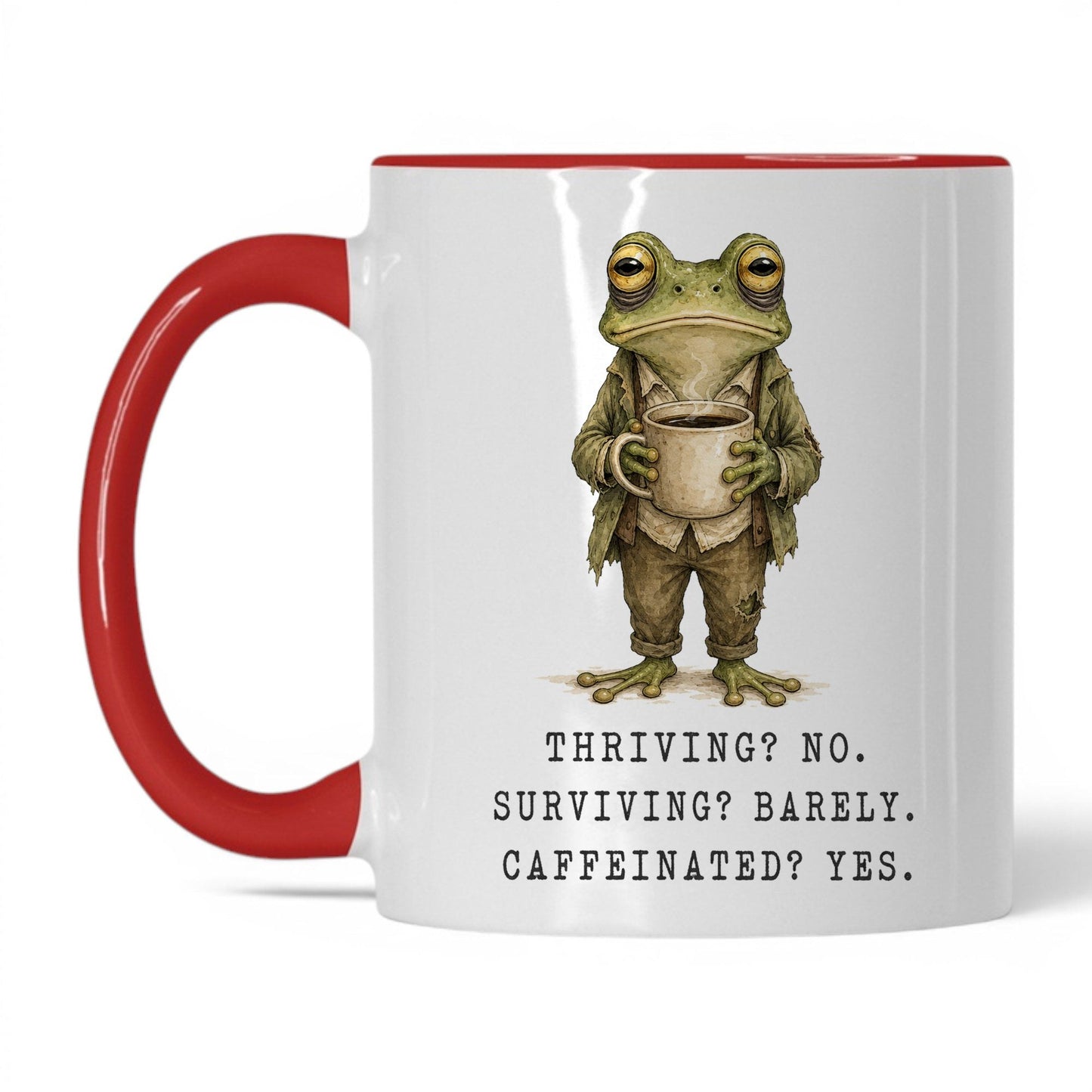 Surviving and Caffeinated Frog Mug – 11oz White Red Mug