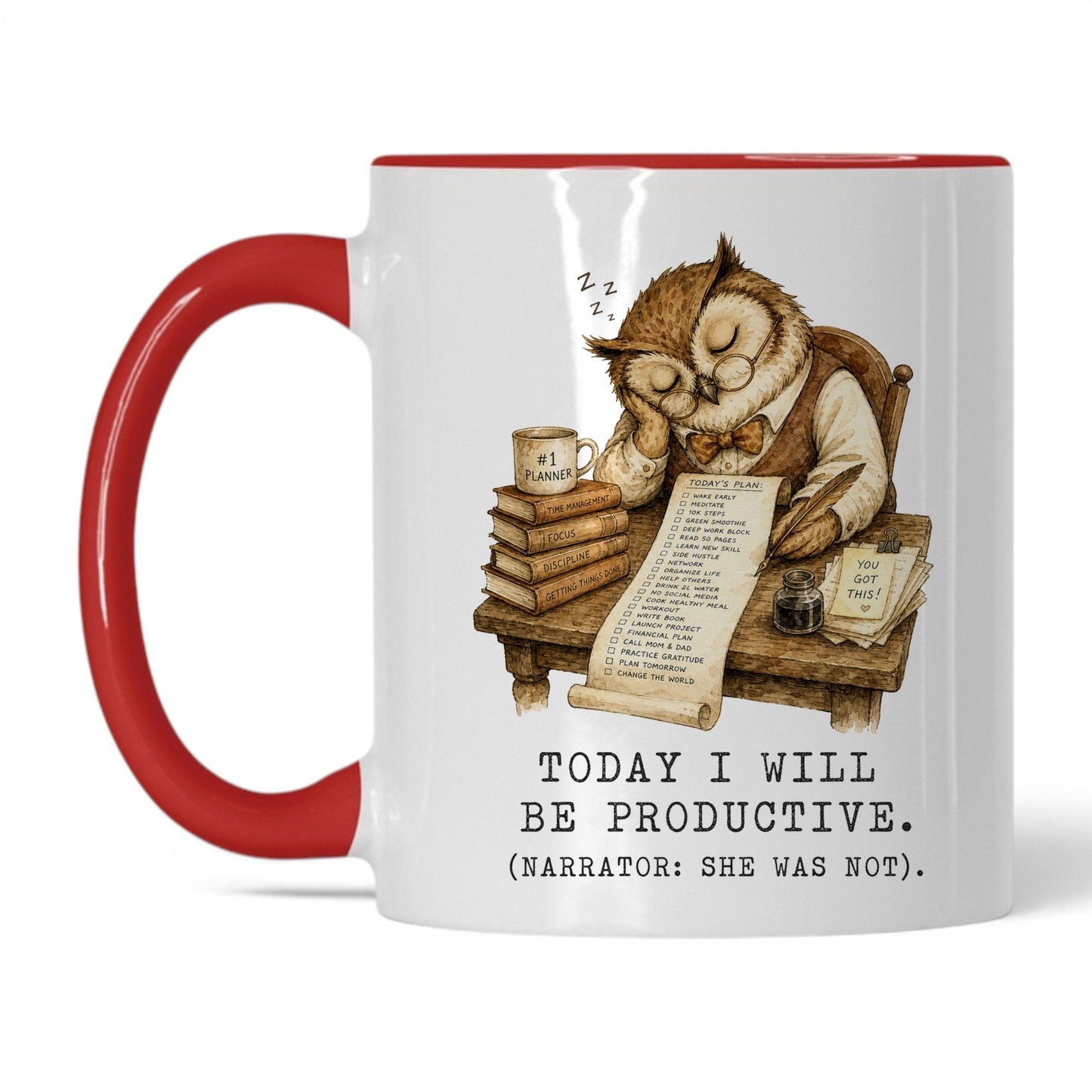Today I Will Be Productive Owl Mug – 11oz White Red Mug