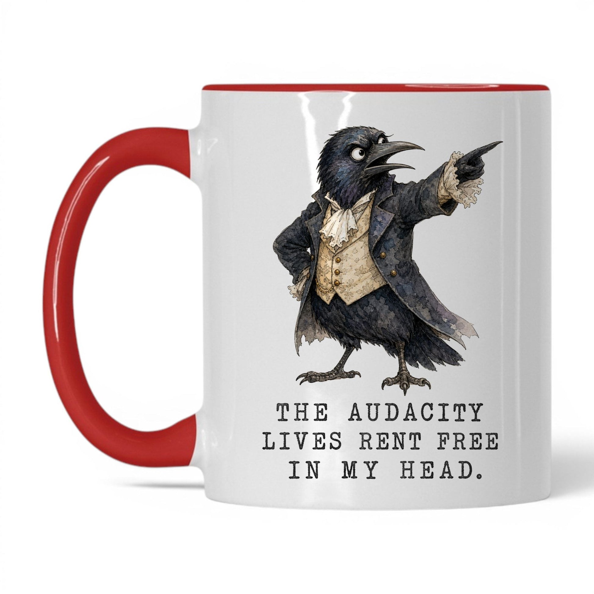Audacity Lives Rent Free Crow Mug – 11oz White/Red Mug