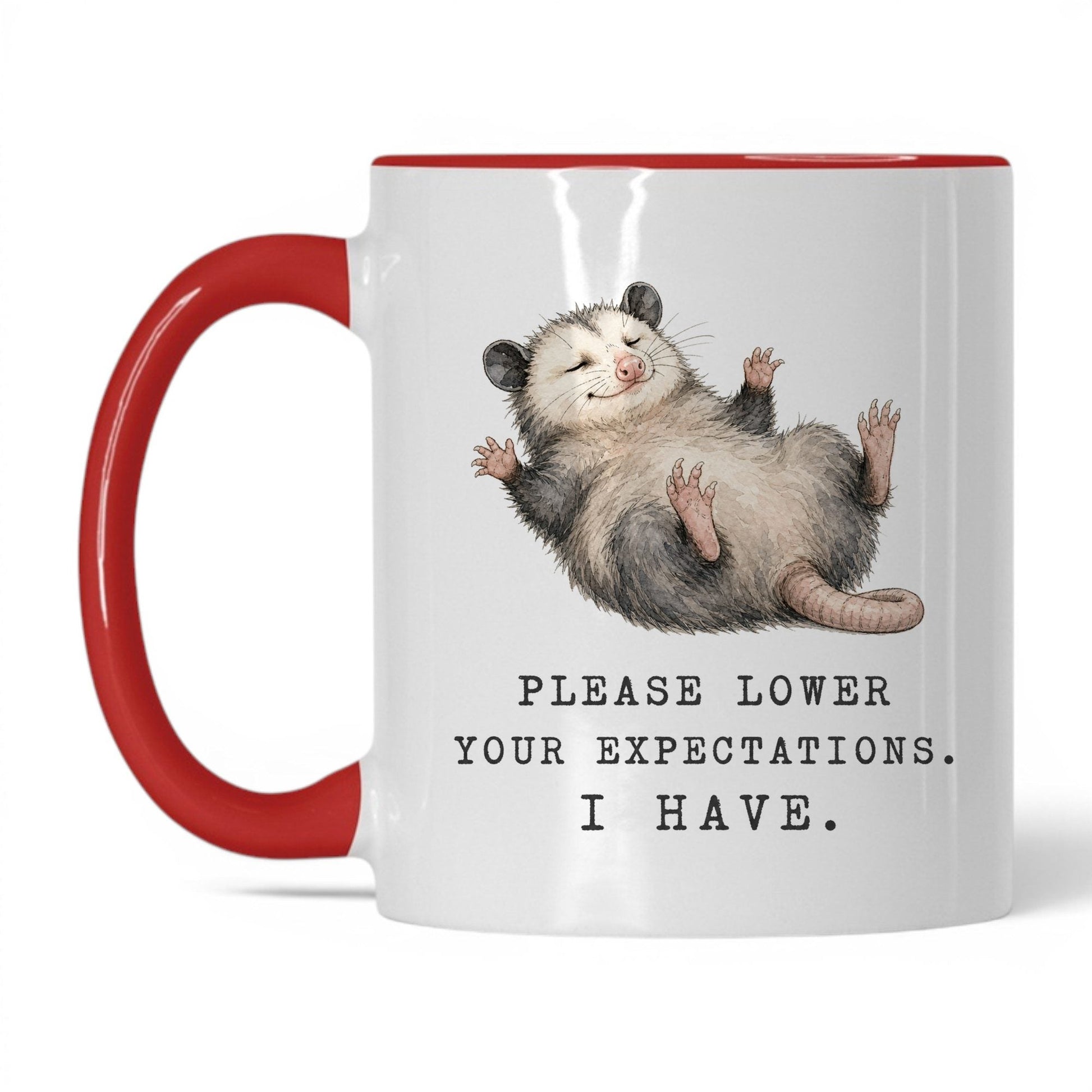 Lower Your Expectations Opossum Mug – 11oz White Red Mug