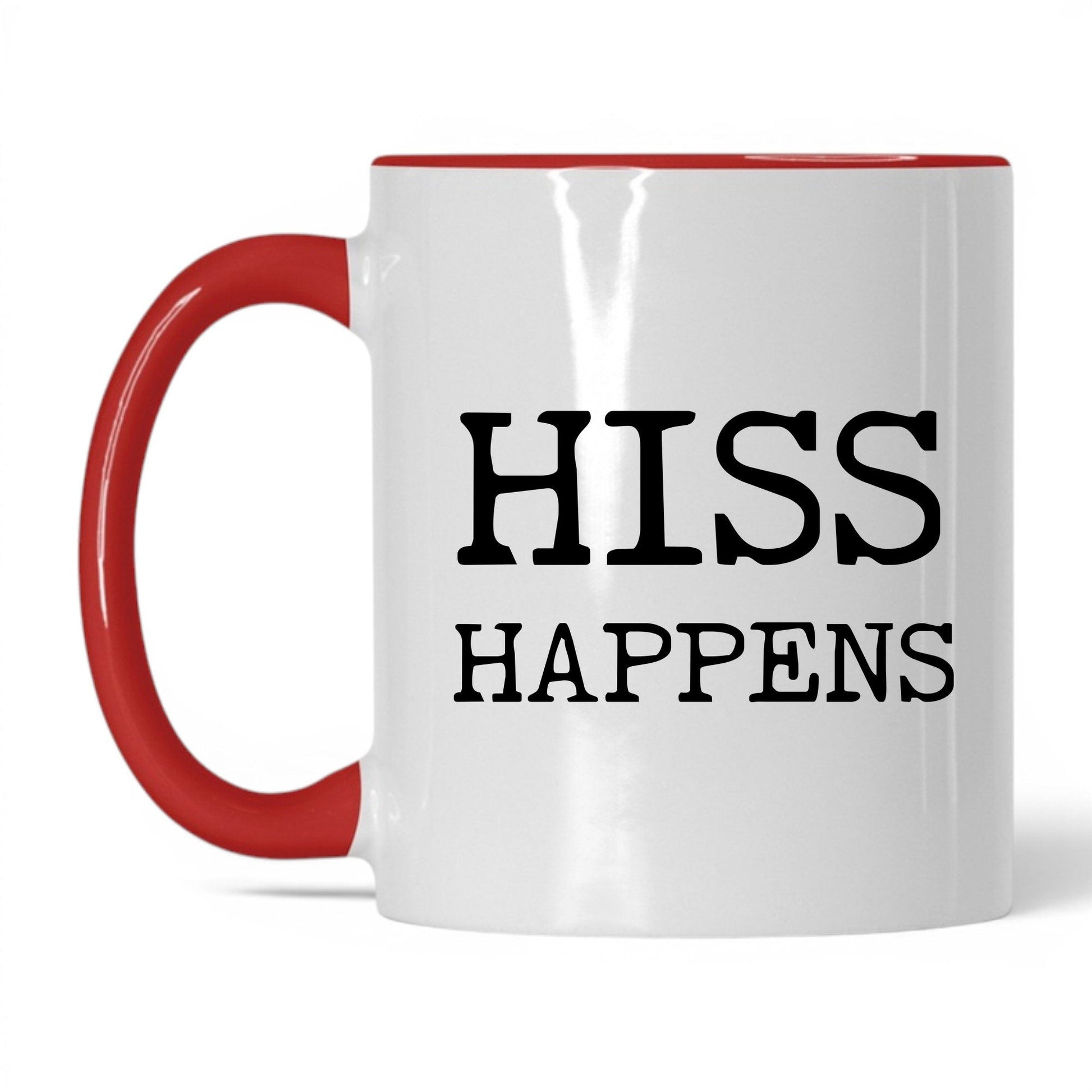 Hiss Happens 11oz white and red coffee mug