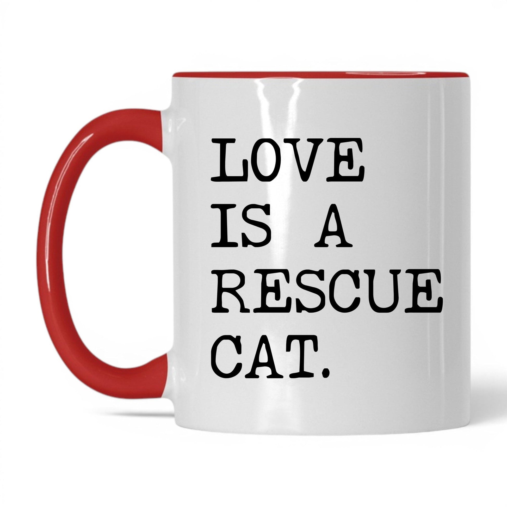 Love Is a Rescue Cat 11oz white and red coffee mug