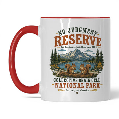 No Judgment Reserve Mug – 11oz White/Red Mug