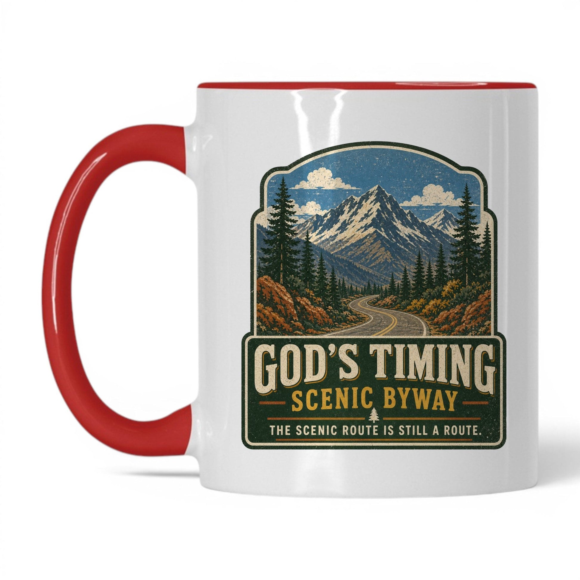 God's Timing Scenic Byway Mug – 11oz White/Red Mug