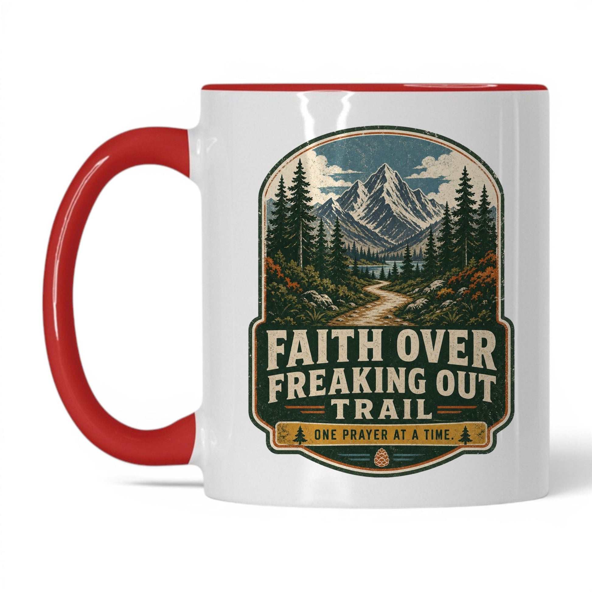 Faith Over Freaking Out Trail Mug – 11oz White/Red Mug