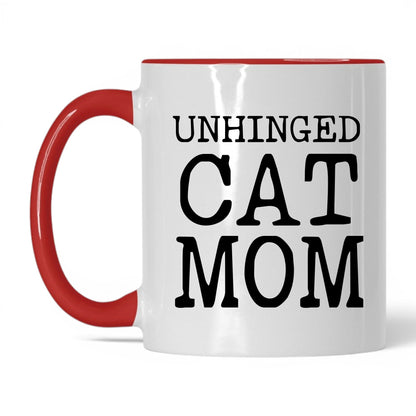 Unhinged Cat Mom 11oz white and red coffee mug