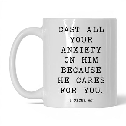 Cast Your Anxiety on Him Mug – 15oz White/Midnight Blue Mug