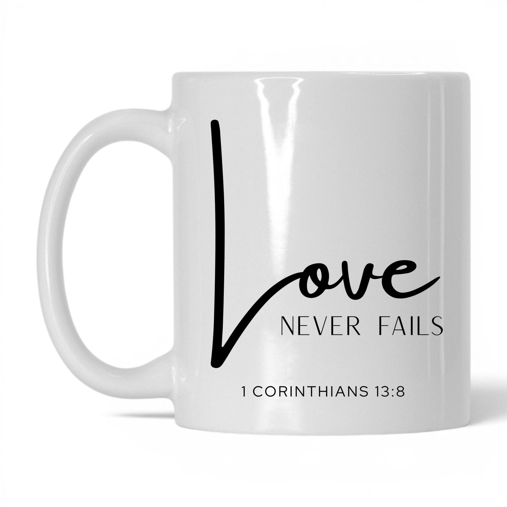 Love Never Fails Mug – 15oz White/Midnight Blue Mug
