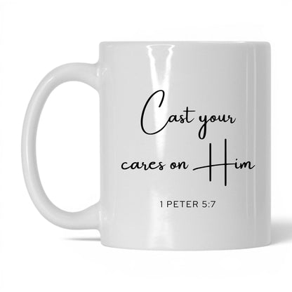 Cast Your Cares on Him Mug – 15oz White/Midnight Blue Mug