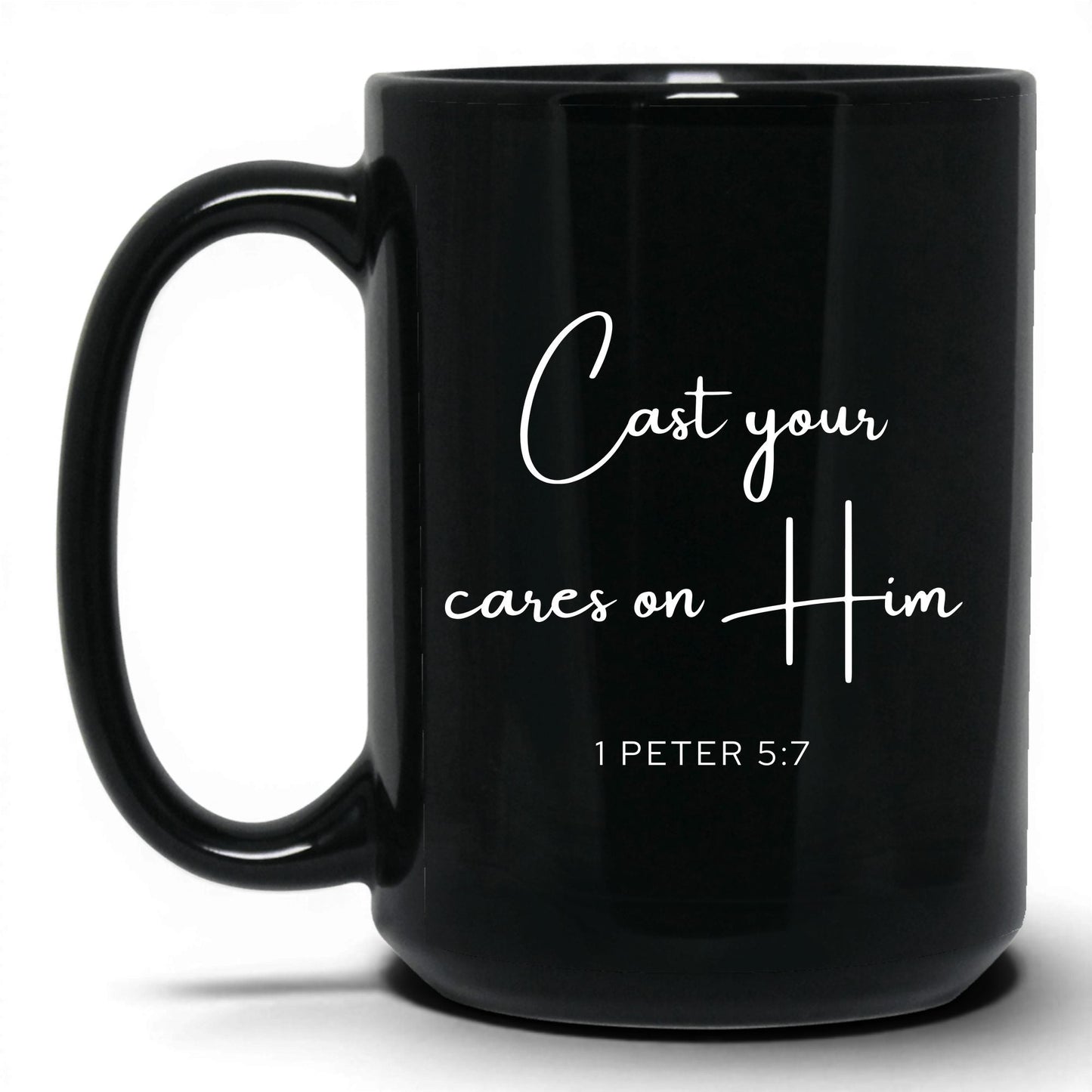 Cast Your Cares on Him Mug – 15oz Black Mug