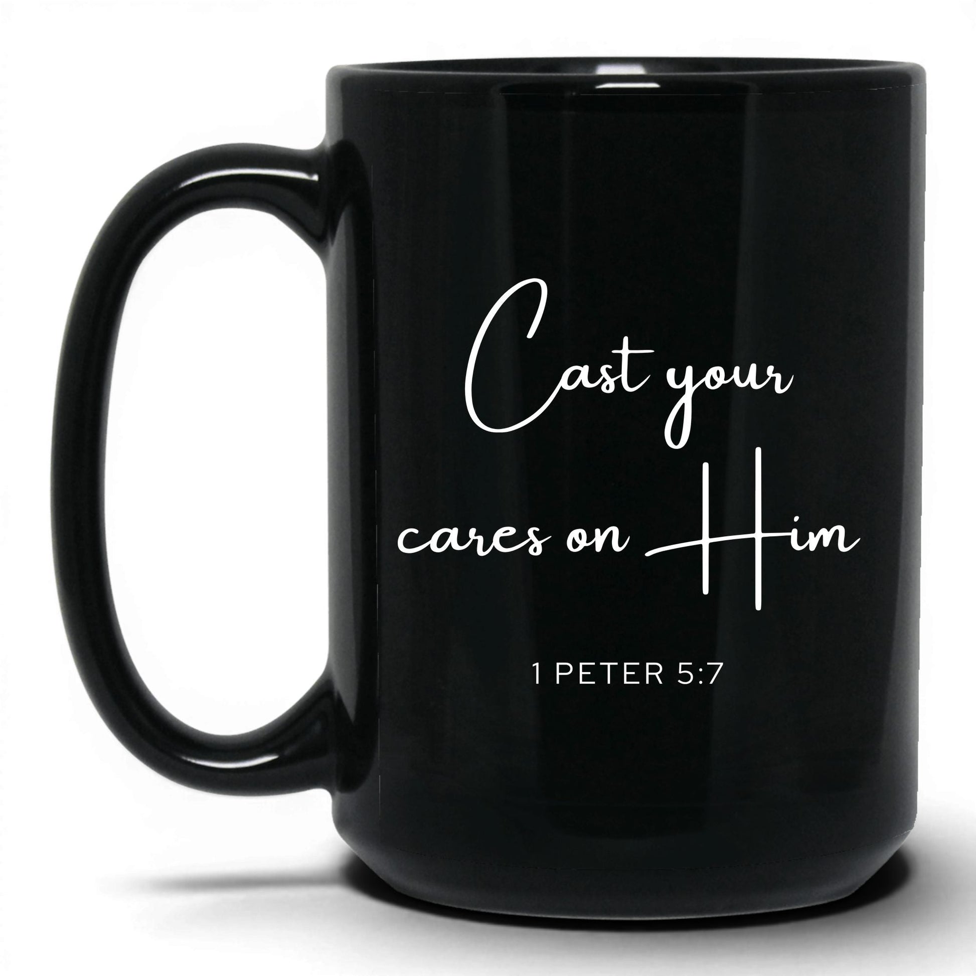 Cast Your Cares on Him Mug – 15oz Black Mug
