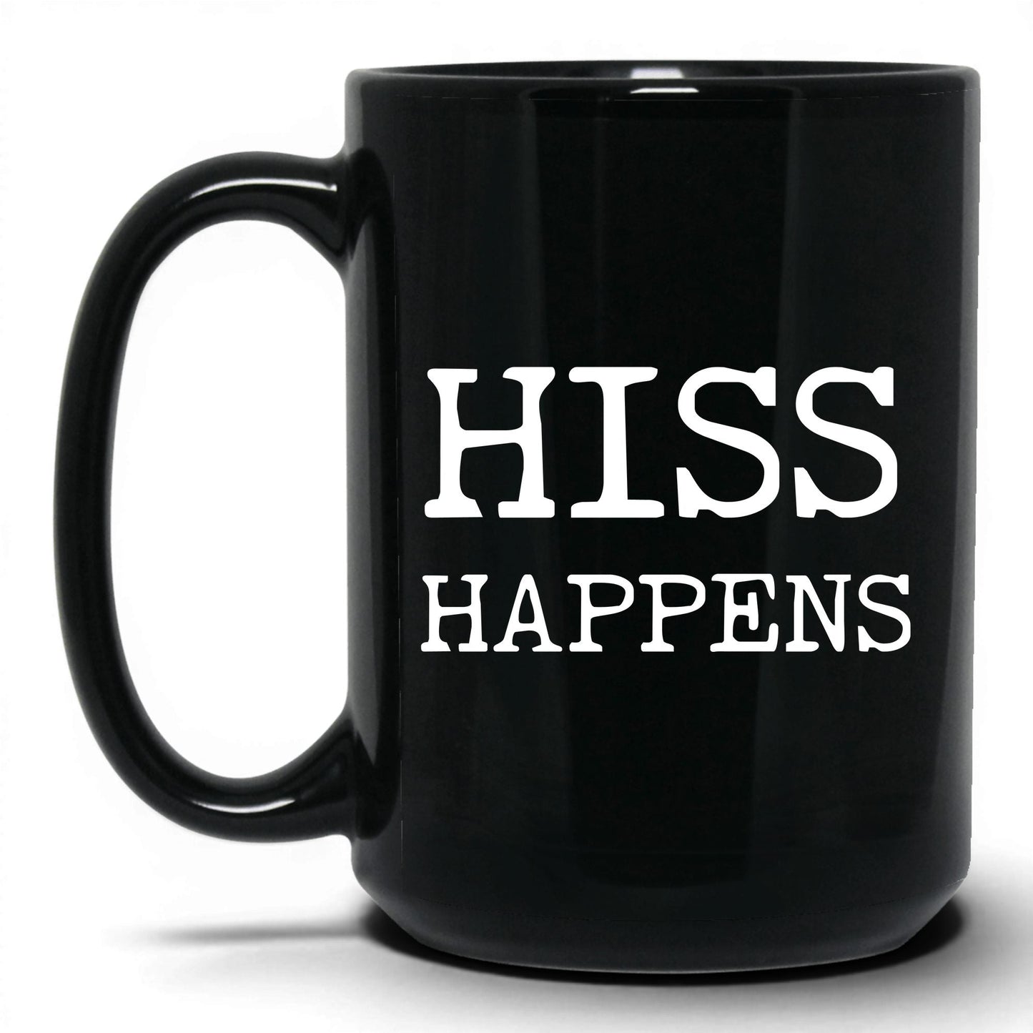 Hiss Happens 15oz black coffee mug