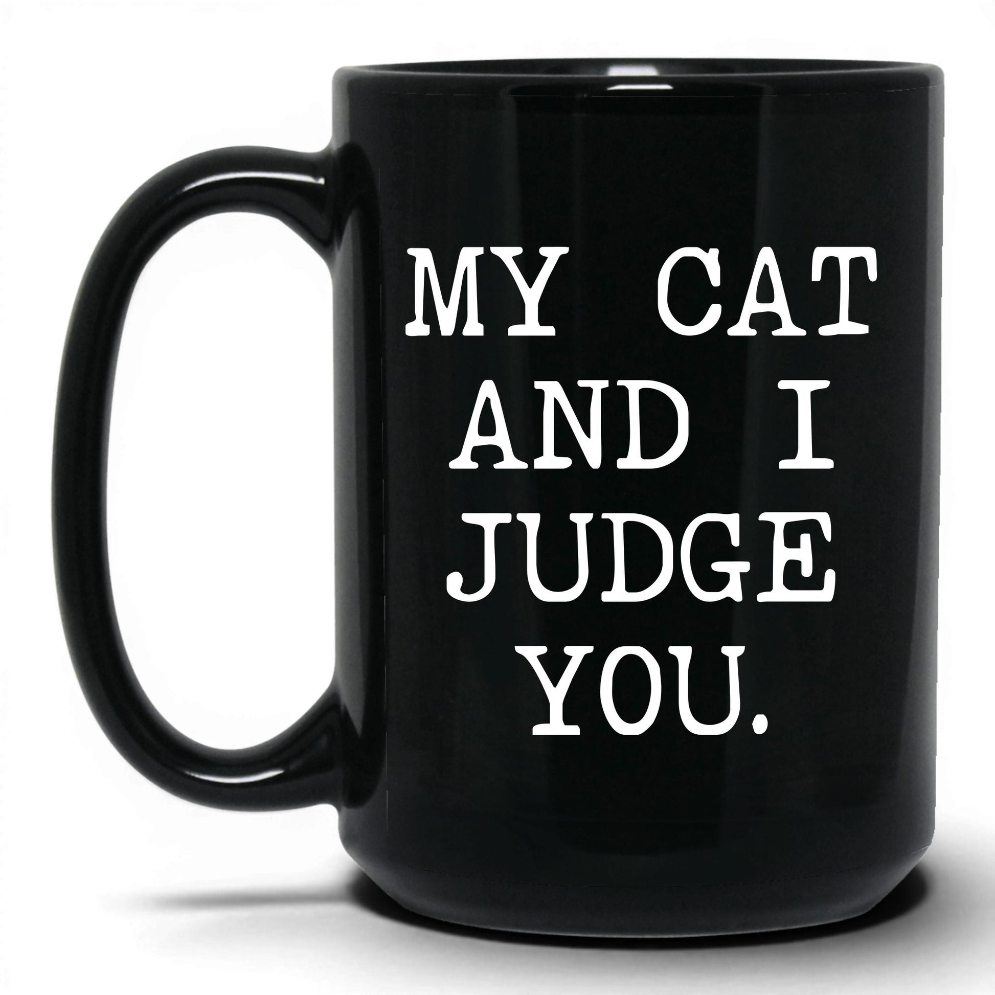 My Cat and I Judge You 15oz black coffee mug