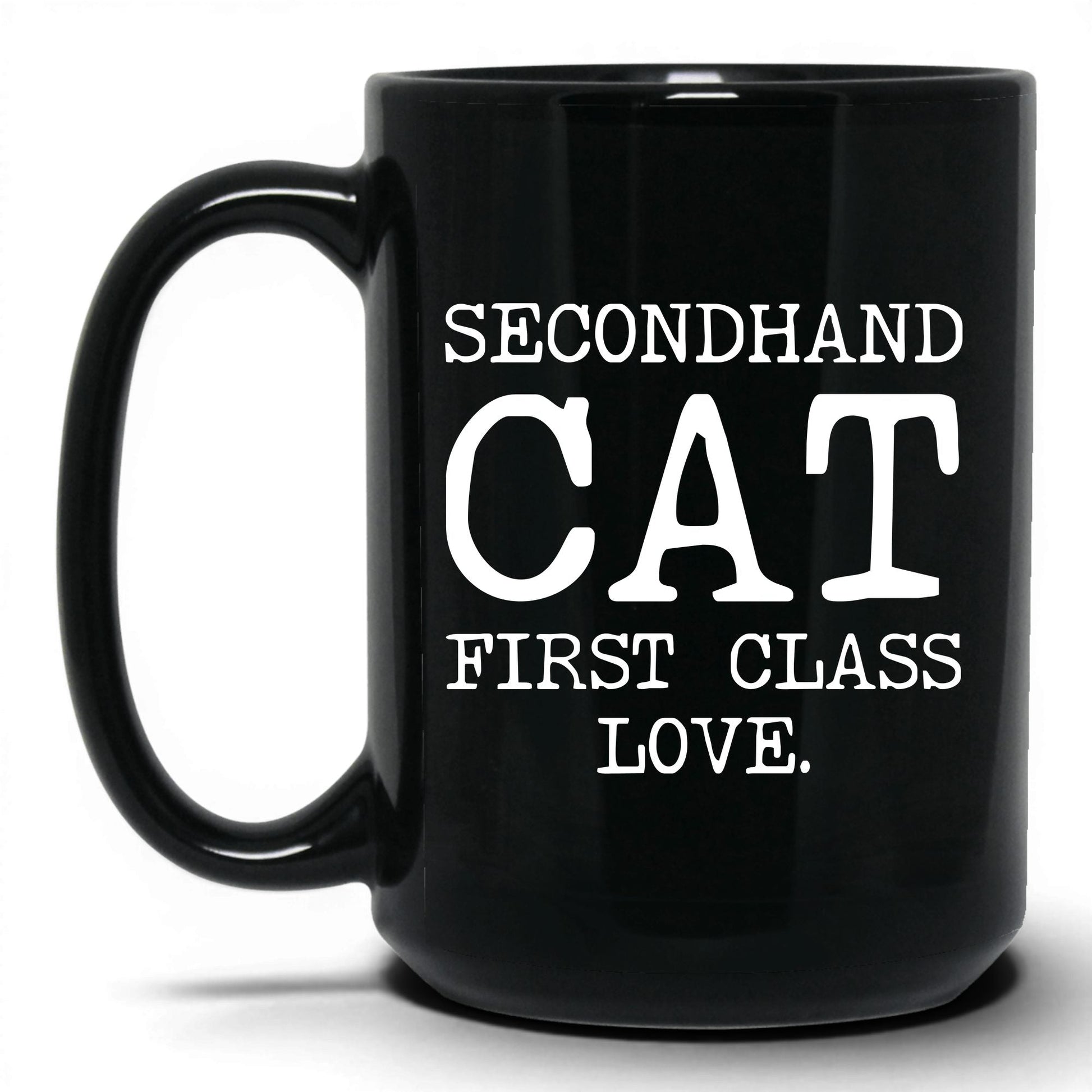 Secondhand Cat First Class Love 15oz black coffee mug