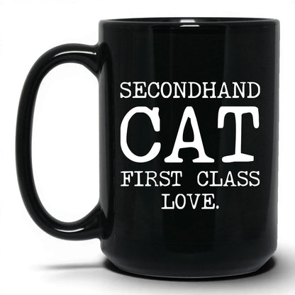 Secondhand Cat First Class Love 15oz black coffee mug