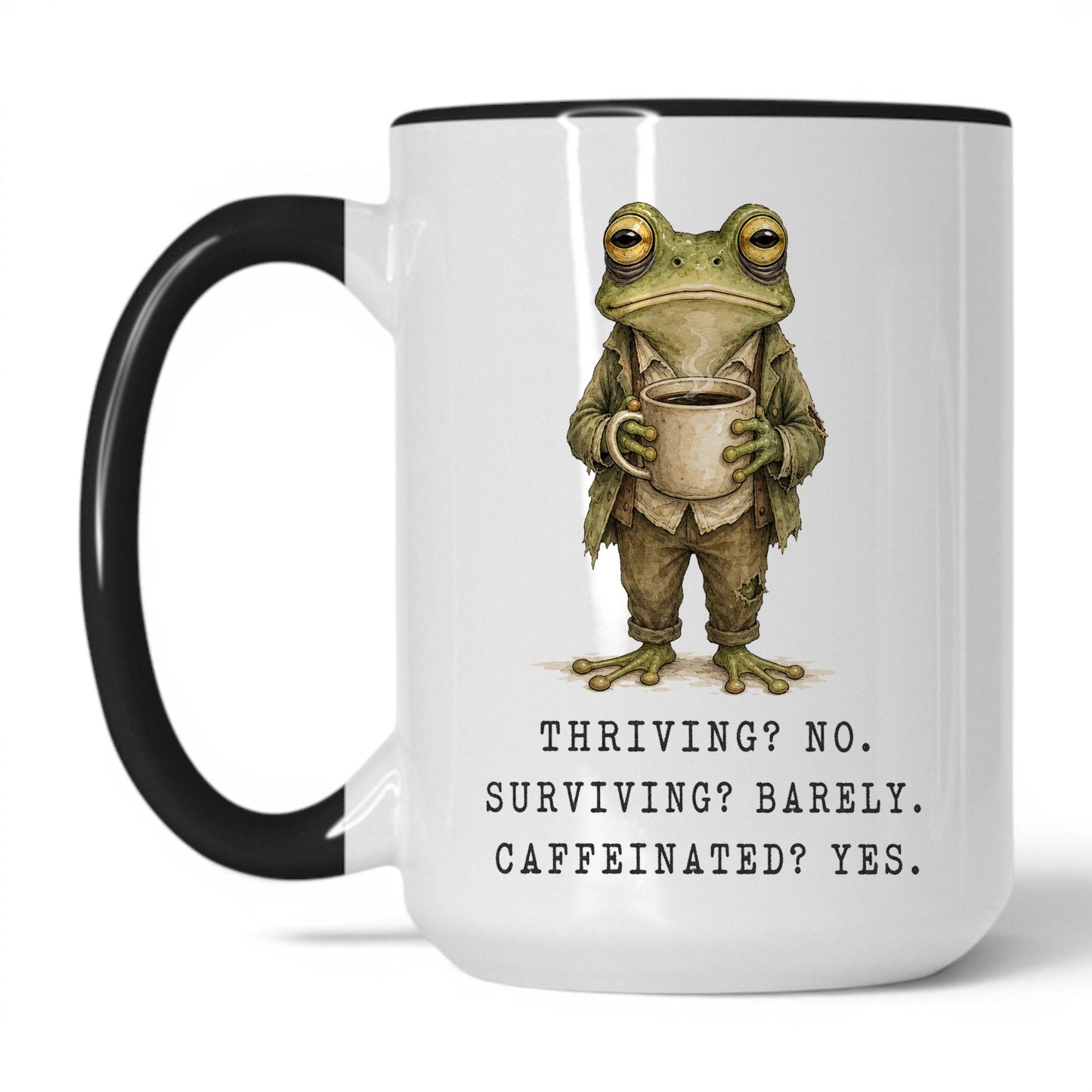Lifestyle Photo #1 Surviving and Caffeinated Frog Mug