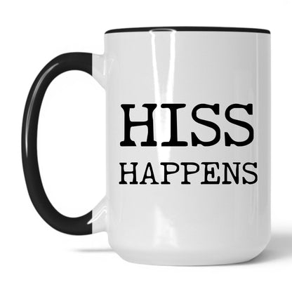 Hiss Happens 15oz white and black coffee mug