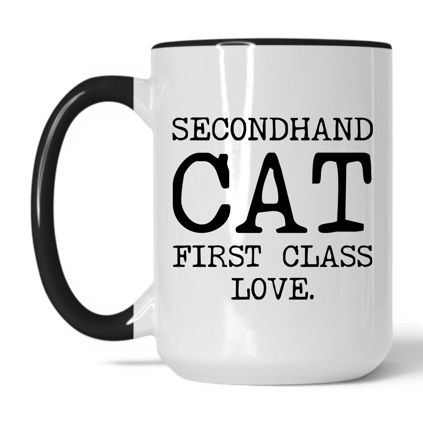 Secondhand Cat First Class Love 15oz white and black coffee mug