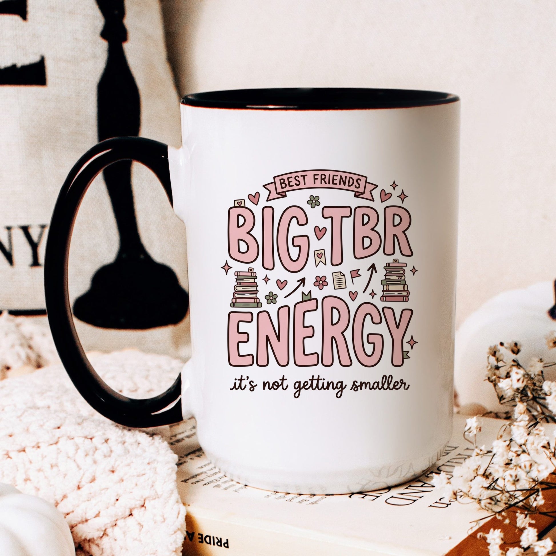 Best Friends & Big TBR Energy doodle coffee mug — lifestyle