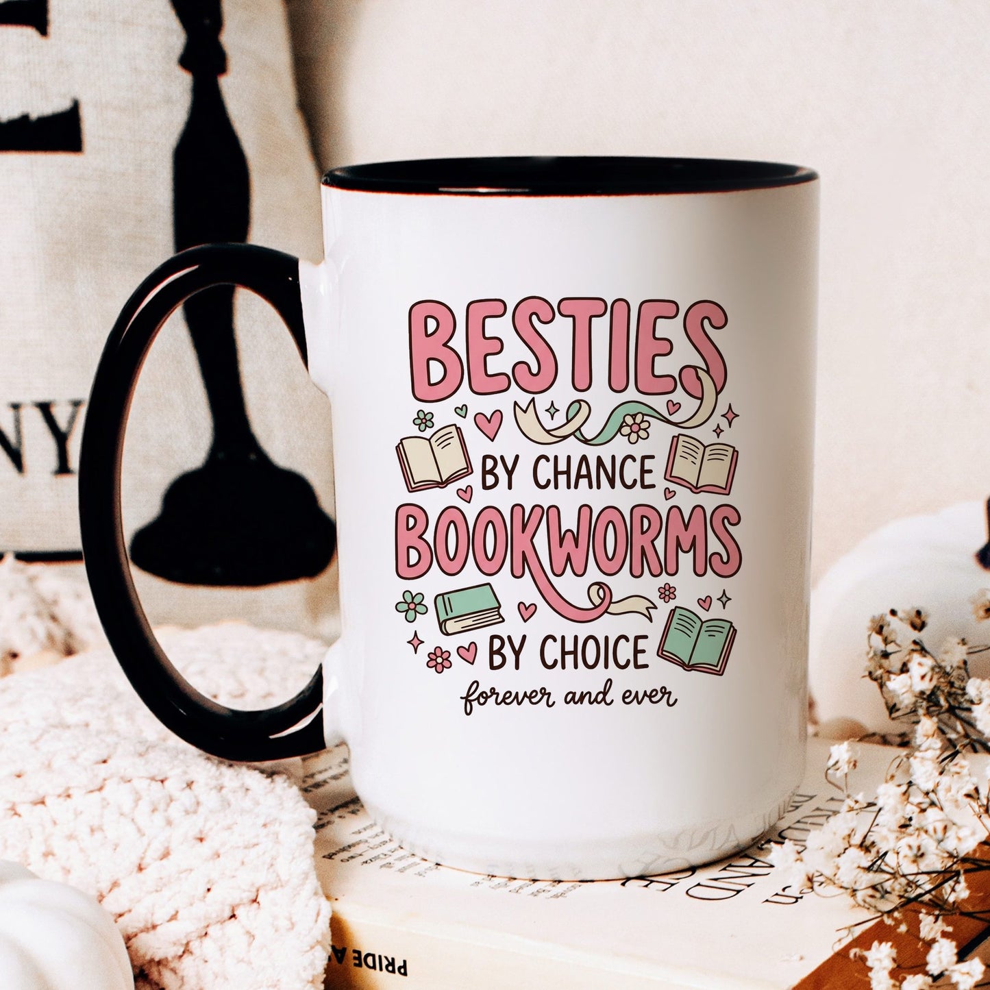 Besties by Chance, Bookworms by Choice doodle coffee mug — lifestyle