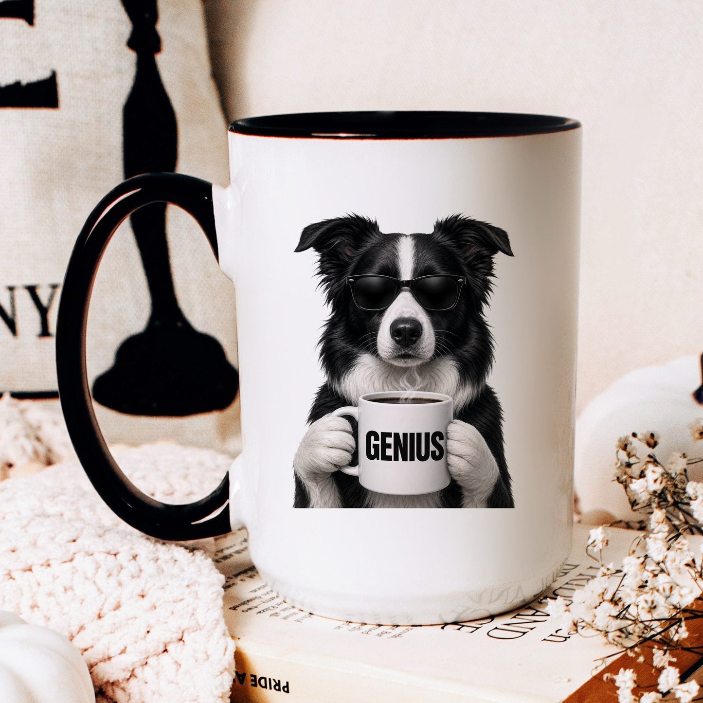 Border Collie Genius coffee mug — hero
