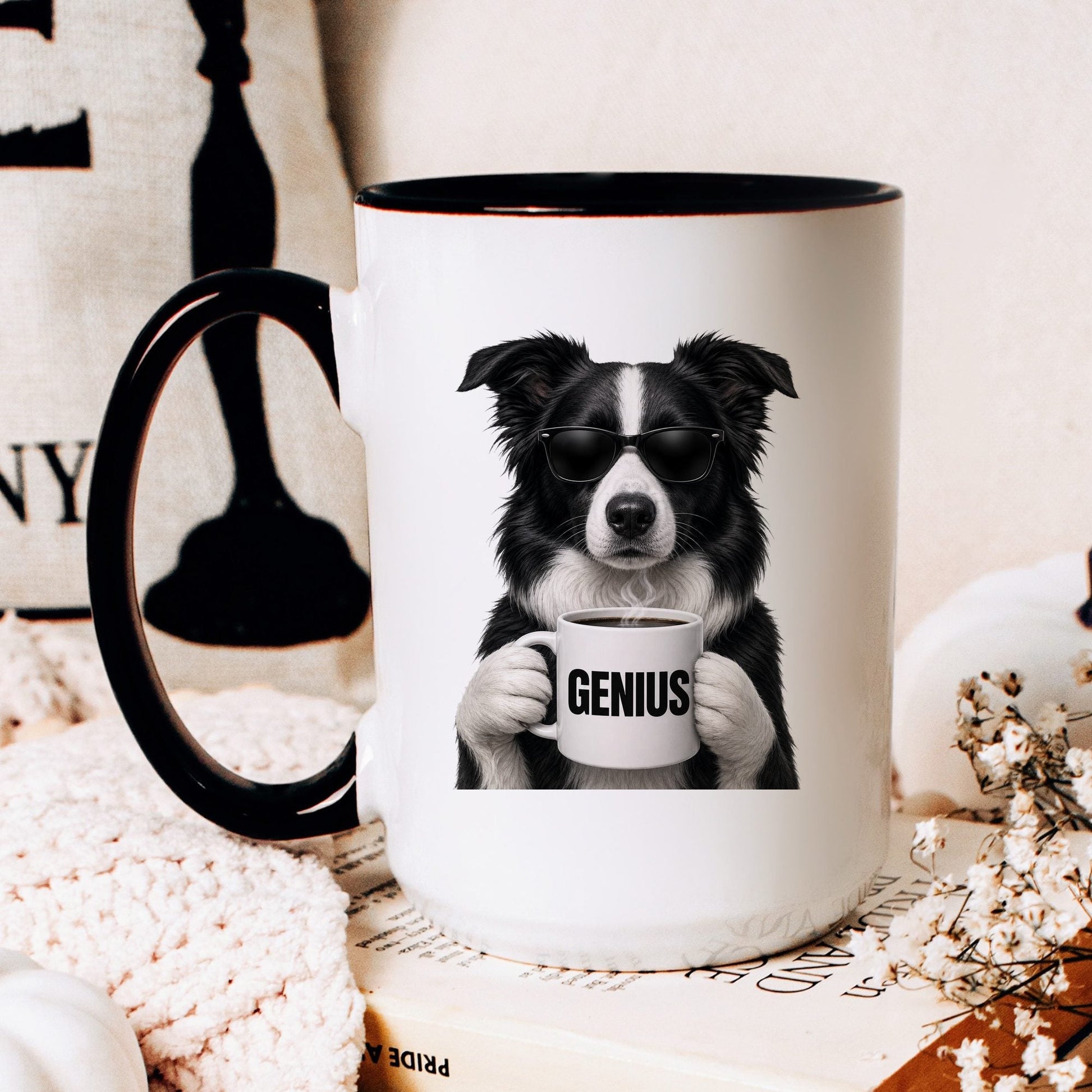 Border Collie Genius coffee mug — hero