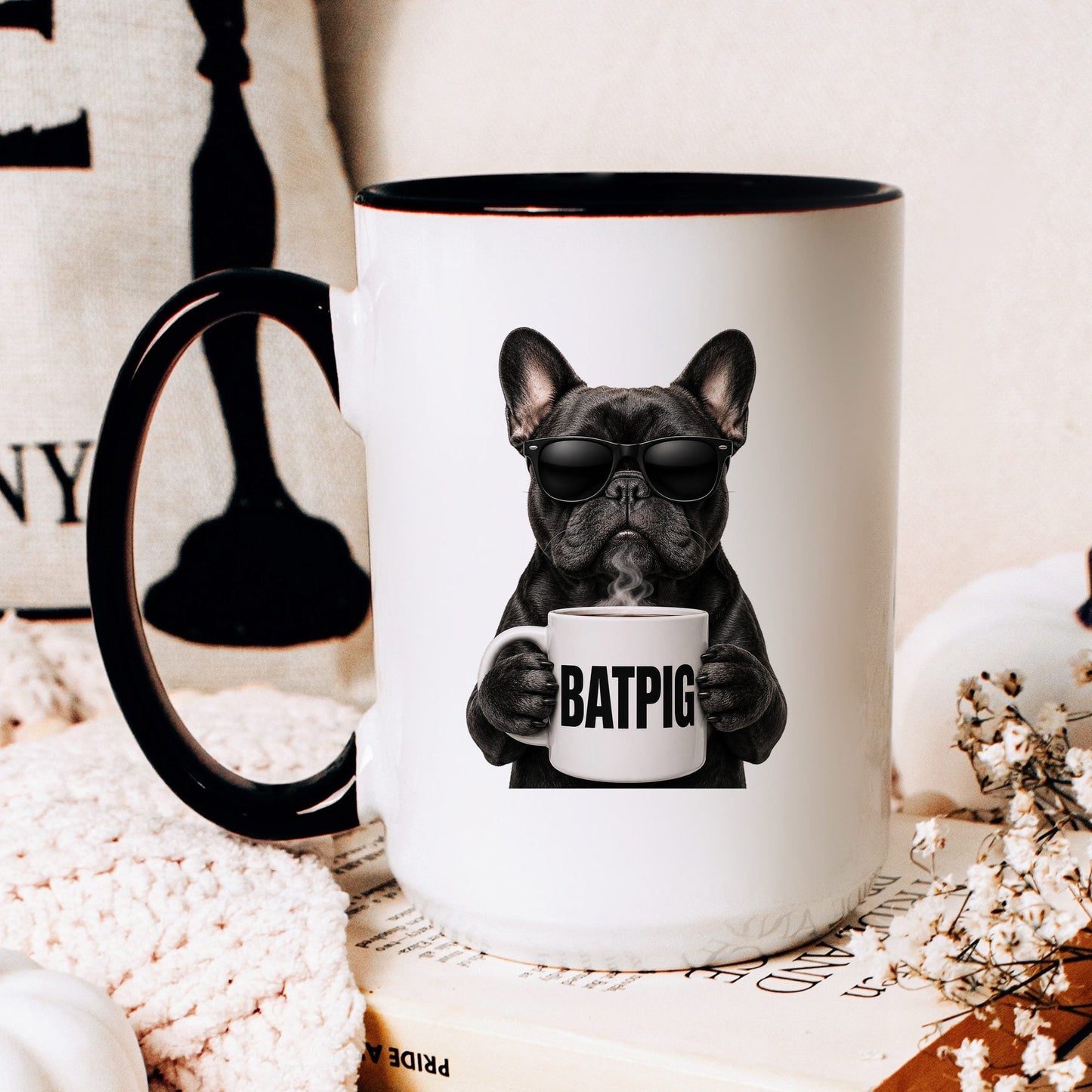 French Bulldog Batpig coffee mug — hero