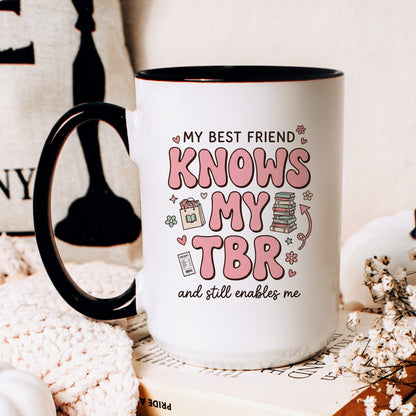 My Best Friend Knows My TBR doodle coffee mug — lifestyle