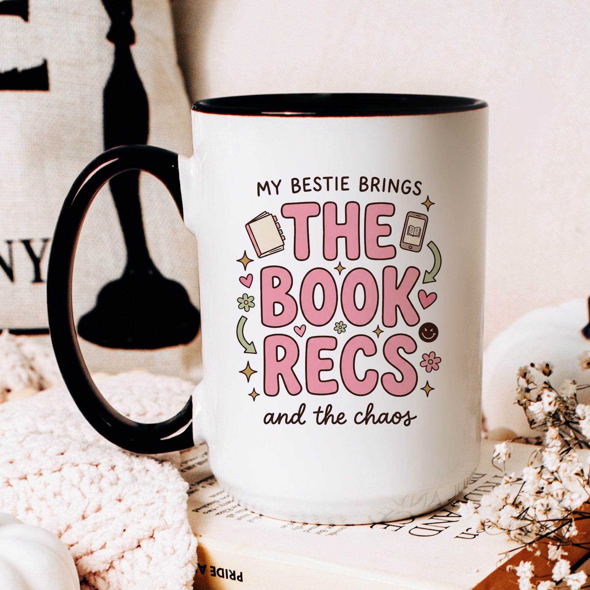 My Bestie Brings the Book Recs doodle coffee mug — lifestyle