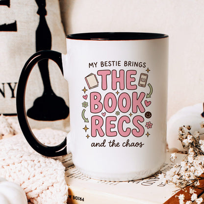 My Bestie Brings the Book Recs doodle coffee mug — lifestyle