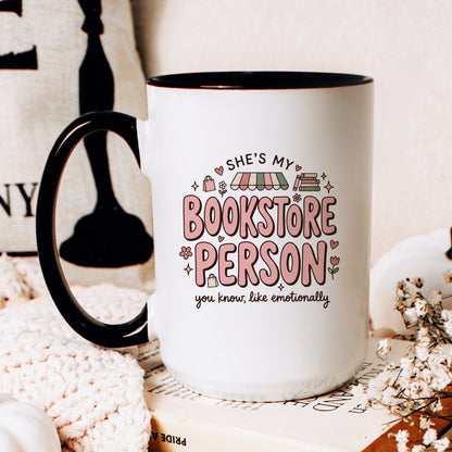 She’s My Bookstore Person doodle coffee mug — lifestyle